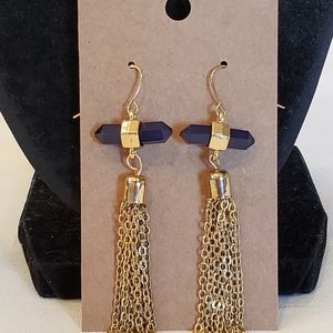 💐6/25 dangle gold toned earrings blue crystal